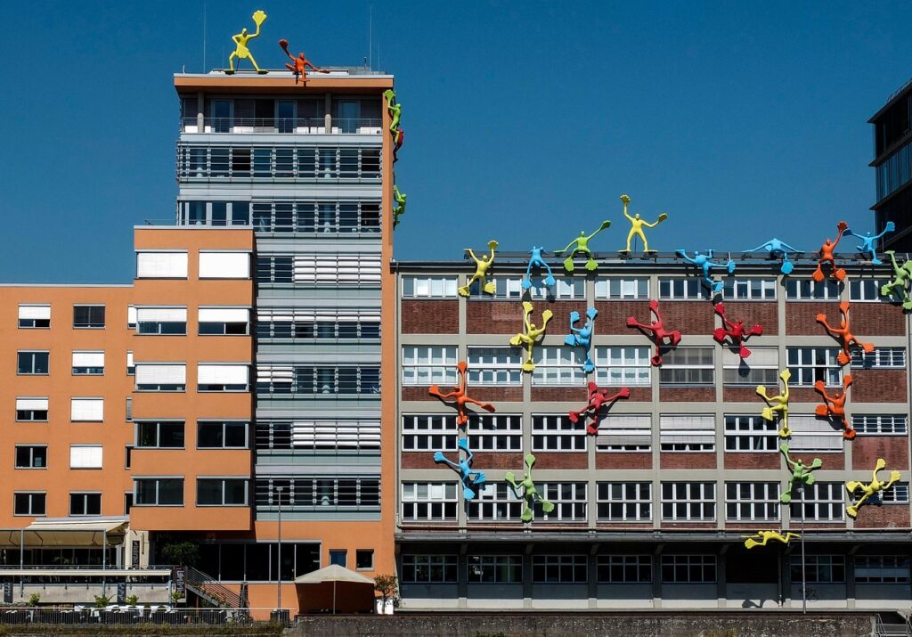 building, port, climb, artwork, dusseldorf